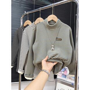 男童条纹加绒打底衫2025冬款中大童半高领加厚上衣儿童一体绒T恤