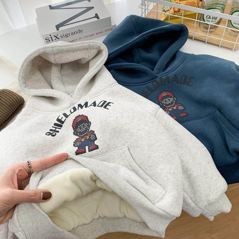 男童加绒加厚冬季卫衣小童卡通三层夹棉保暖连帽衫儿童洋气上衣潮