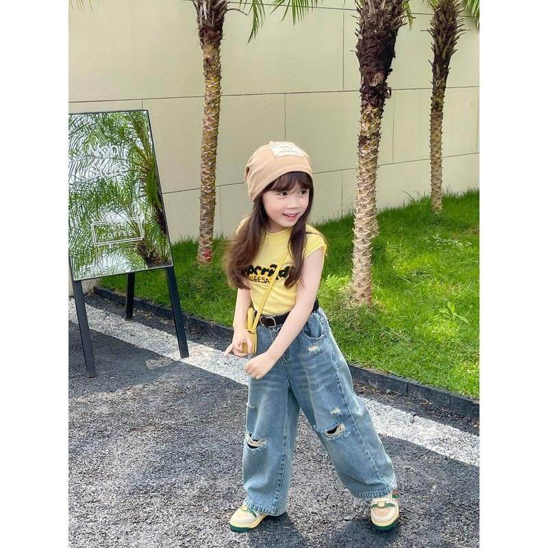 女童春秋时髦破洞牛仔裤做旧覆古宝宝直筒裤高腰阔腿洋派儿童裤子