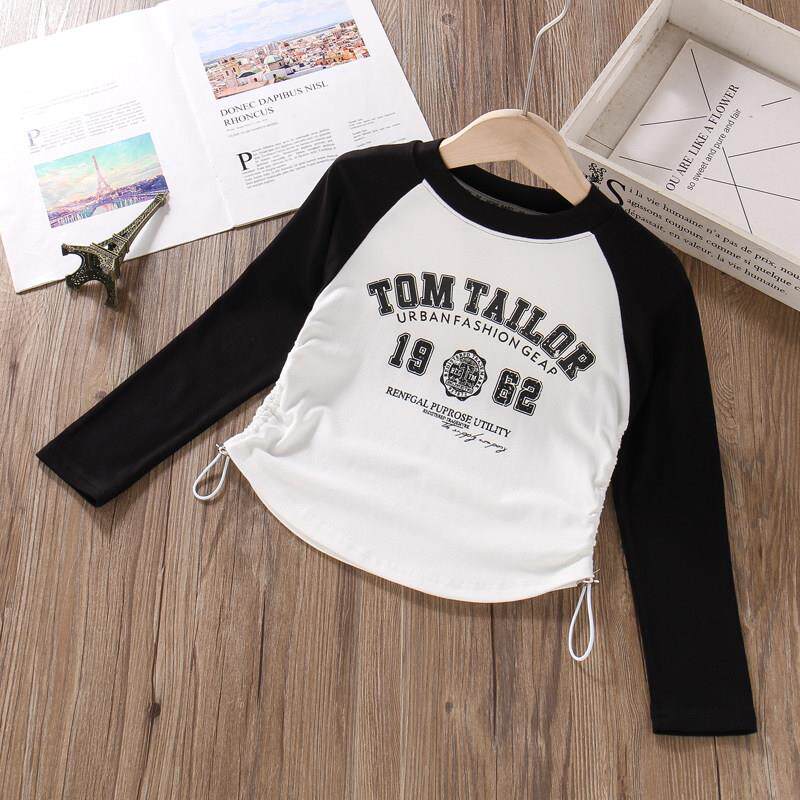 女童T恤长袖薄款春秋新款修身纯棉内搭衣中大童洋派女孩短版上衣