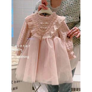 女孩的天鹅绒连衣裙2024冬季新款儿童的超级仙女蕾丝公主连衣裙婴