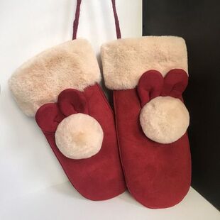 可爱手套冬季女士韩版麂皮绒防风防寒连指挂脖学生加绒加厚手套女