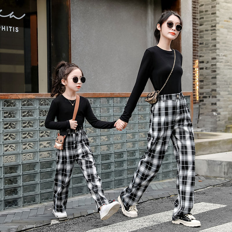 亲子母女装洋气两件套2020新款潮女童秋季网红长袖格子休闲裤套装