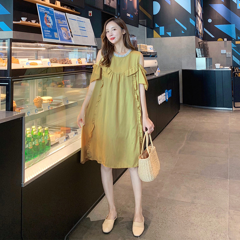 孕妇装2020夏季新款韩版露肩短袖连衣裙中长款宽松时尚孕妈裙子潮