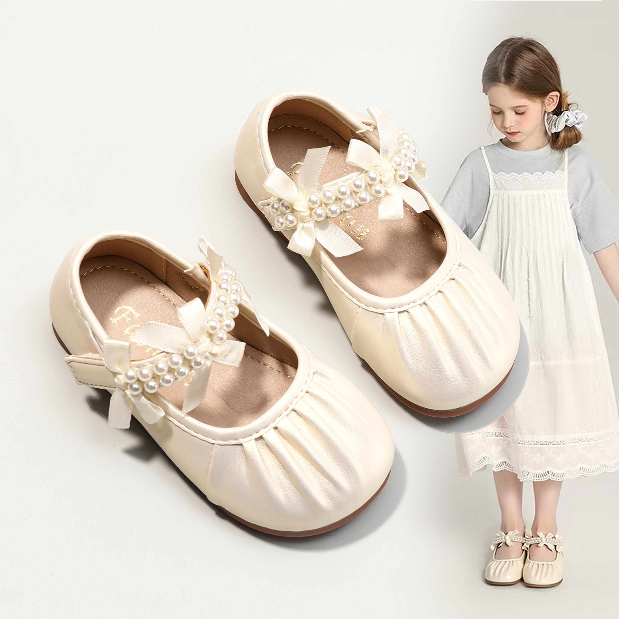 女童小香风皮鞋褶皱珍珠公主鞋