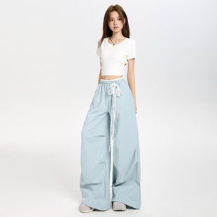 夏季薄款美式高腰工装裤女宽松慵懒风花边阔腿休闲裤