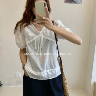 女夏季 2025新款 蕾絲花邊系帶v領(lǐng)短袖 娃娃衫 上衣 襯衫 蘇珊法式