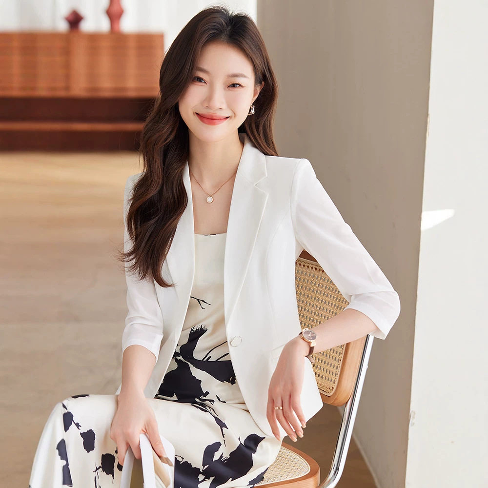 薄款七分袖小西装外套女士2026新款夏季高级感短款雪纺网纱袖西服图片
