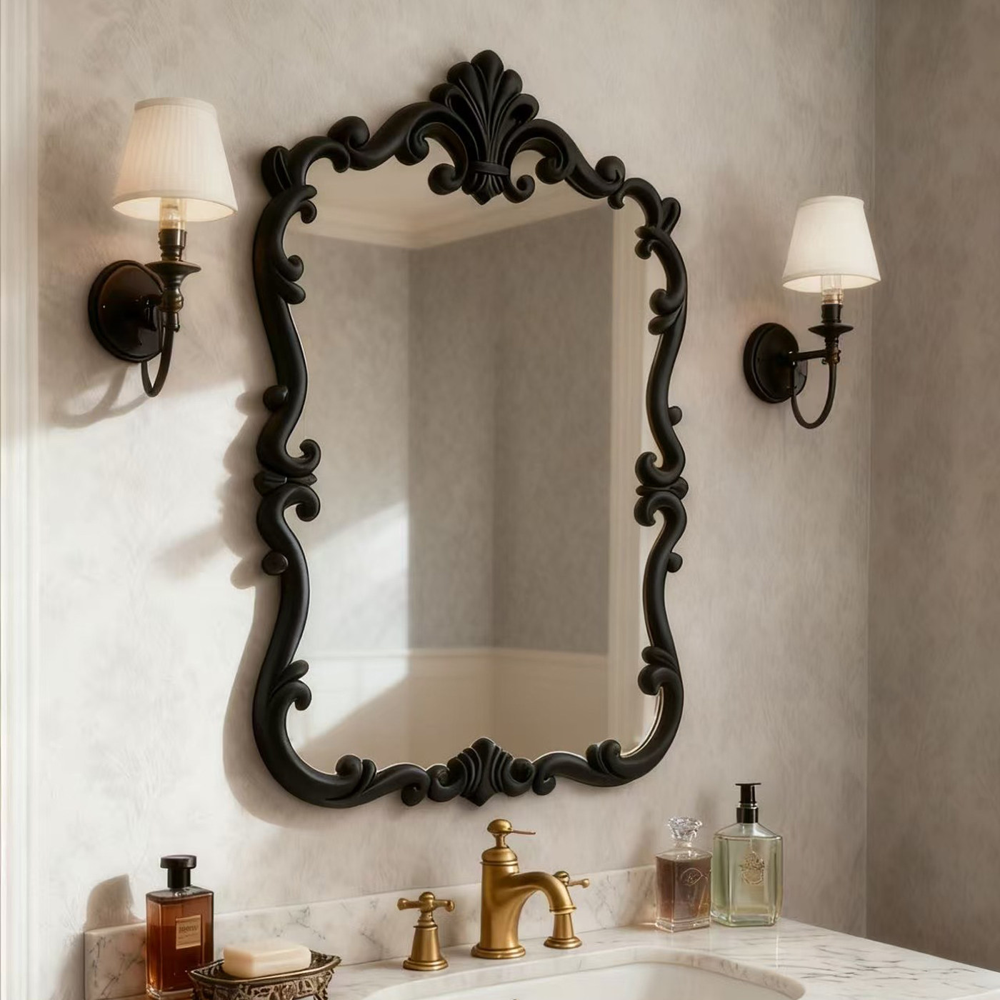 法式复古挂墙化妆镜巴洛克雕花边框浴室镜高级轻奢LED智能浴室镜