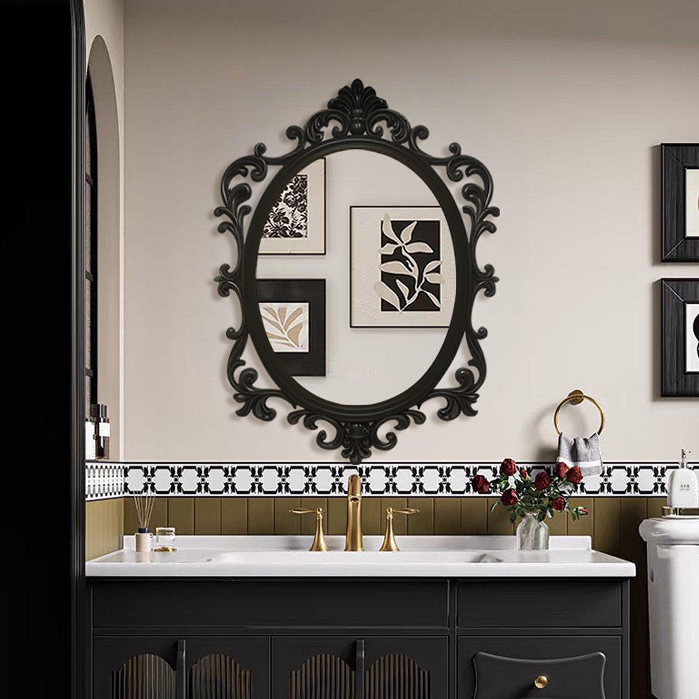 黑色复古梳法式装饰镜卫生间欧式壁挂化妆镜高端椭圆雕花浴室镜子