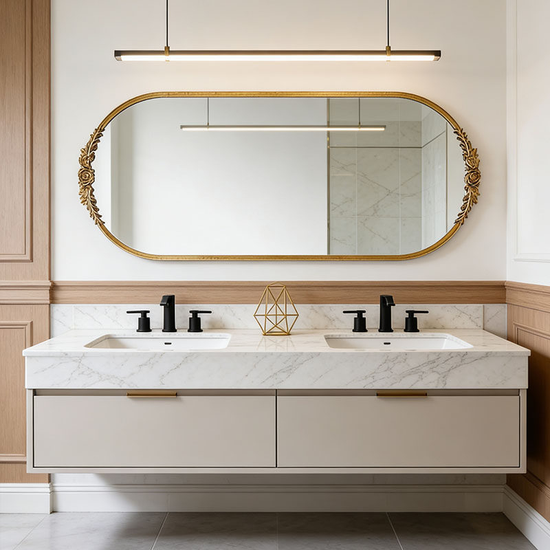 卫生间浴室镜横版壁挂双台盆镜子高端大化妆镜法式复古轻奢梳妆镜