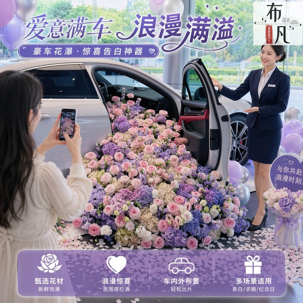 网红汽车花瀑布豪车后备箱鲜花布置求婚表白神器浪漫惊喜纪念日