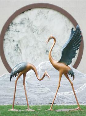 新中式仿铜仙鹤雕塑水池造景玻璃钢园林景观装饰户外丹顶鹤大摆件
