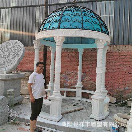 厂家汉白玉石雕凉亭晚霞红罗马柱石亭子欧式凉亭户外庭院六角亭