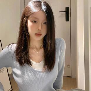 内搭打底衫 假两件蓝色v领长袖 薄款 女秋冬春季 毛衣针织上衣 针织衫