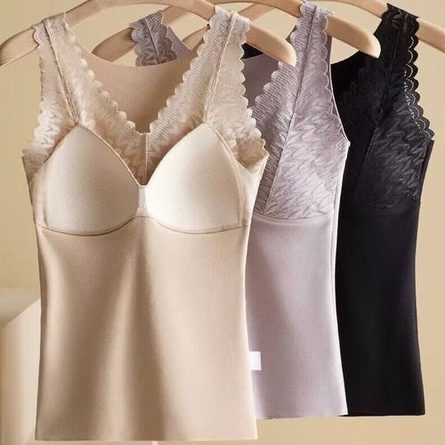 蕾丝拼接德绒保暖内衣女秋冬一体式胸垫无痕亲肤运动文胸背心外穿