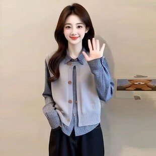 韩系格子马甲衬衫女长袖2026春秋新款时尚针织减龄背心两件套上衣