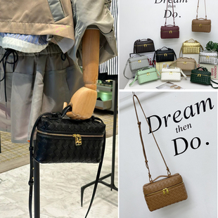 B家真皮女包时尚手提手工牛皮编织饭盒包单肩斜挎网红化妆盒子包