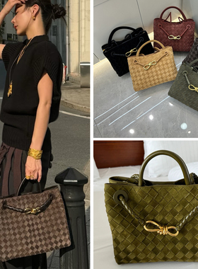 B家真皮手工头层牛皮编织女包Andiamo麂皮绒单肩斜挎大容量托特包