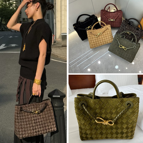 B家真皮手工头层牛皮编织女包Andiamo麂皮绒单肩斜挎大容量托特包