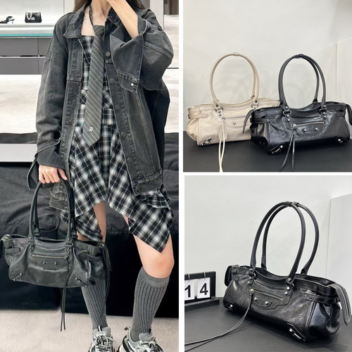B家真皮女包Le city横款机车包复古辣妹铆钉包褶皱头层牛皮腋下包