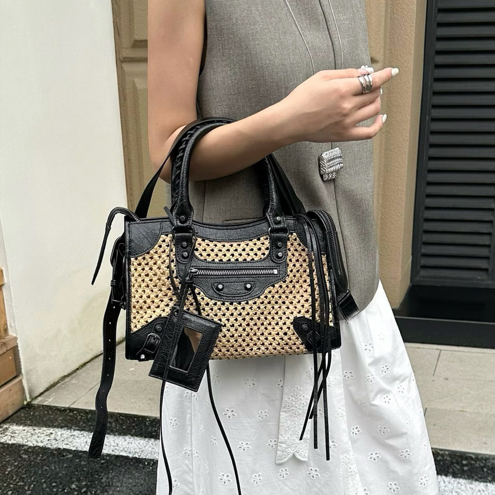 B家草编拼牛皮真皮女包Le City 编织机车包单肩斜挎流苏包手提包