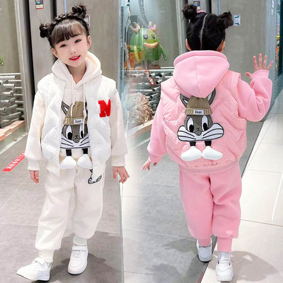 女童加绒套装秋冬款2025新款儿童冬装加棉加厚女孩马甲卫衣三件套
