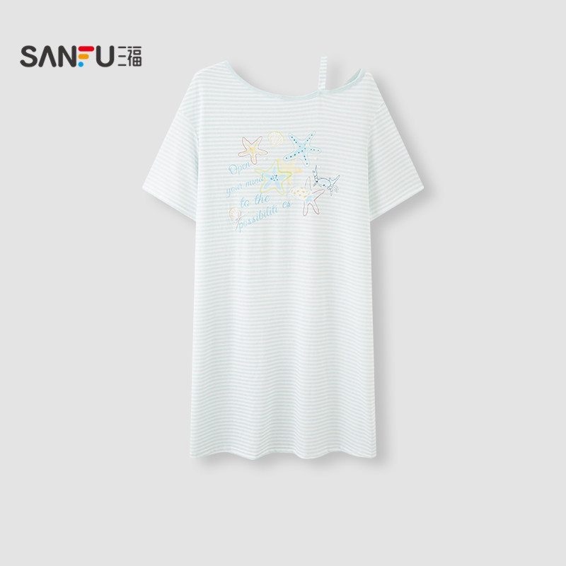 三福女春夏季斜肩条纹抗菌睡裙 甜美宽松短袖家居服裙子515984,女士内衣/男士内衣/家居服,睡裙,淘宝优惠券,粉丝福利购,淘宝优惠卷