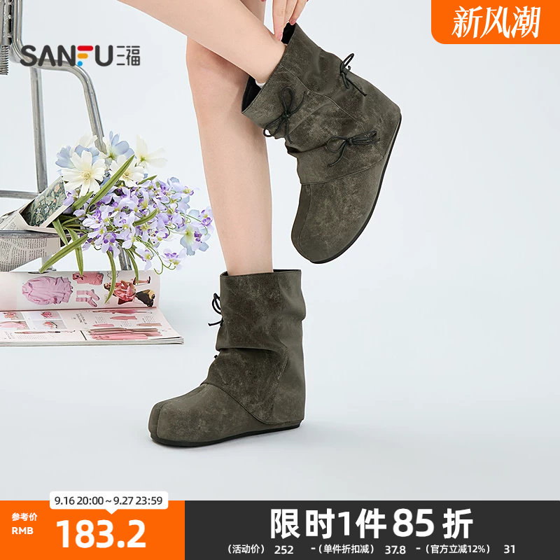 三福女靴鞋复古废土风蝴蝶结圆头勃肯鞋时尚休闲女鞋863215