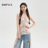 三福背心2026夏季 不规则荷叶边吊带网纱晕染上衣女装 521046