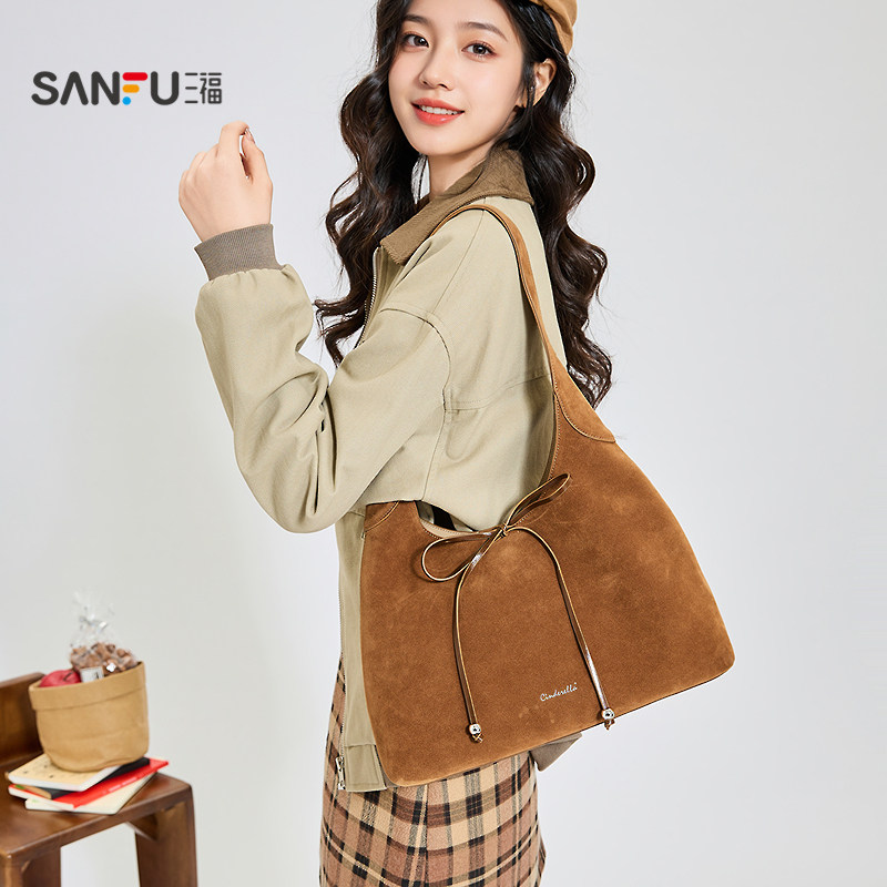 三福挎包春季复古慵懒简约纯色蝴蝶结单肩包半定型女包506811