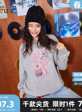 三福卫衣2026春季冰淇淋印花花边圆领宽松套头上衣女装515250