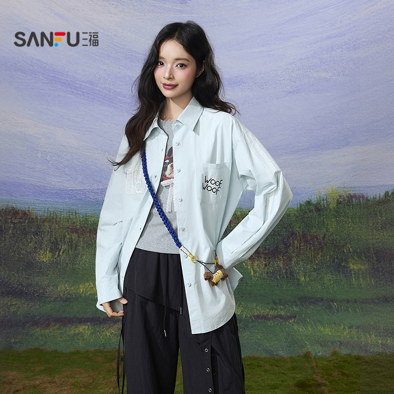 三福长衬衫2026春季蕾丝数字刺绣口袋翻领宽松上衣女装520571,女装/女士精品,衬衫,淘宝优惠券,粉丝福利购,淘宝优惠卷