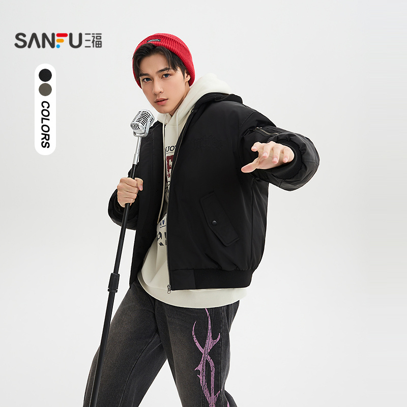 三福2025冬季男士飞行员连帽羽绒服 街潮带帽宽松外套511784