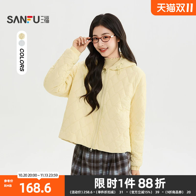 三福棉衣2026冬季抽绳下摆连帽棉服短装外套上衣女装529952