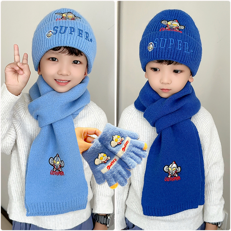 奥特曼儿童帽子围巾手套三件套男