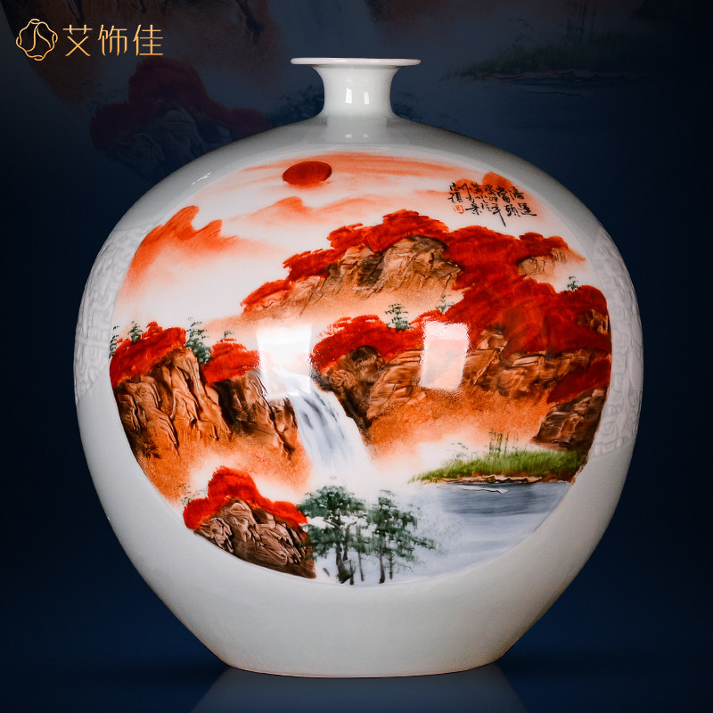 景德镇陶瓷器大师手绘鸿运当头花瓶石榴摆件新中式客厅博古架工艺