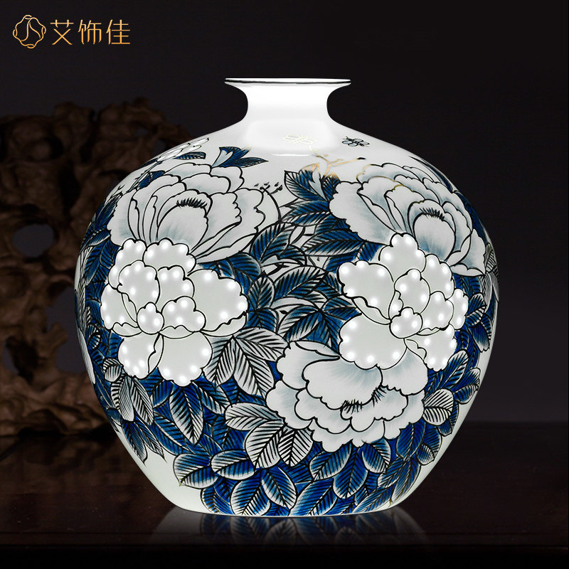 景德镇陶瓷器花瓶大师手绘青花瓷描金瓷瓶中式客厅博古架装饰摆饰