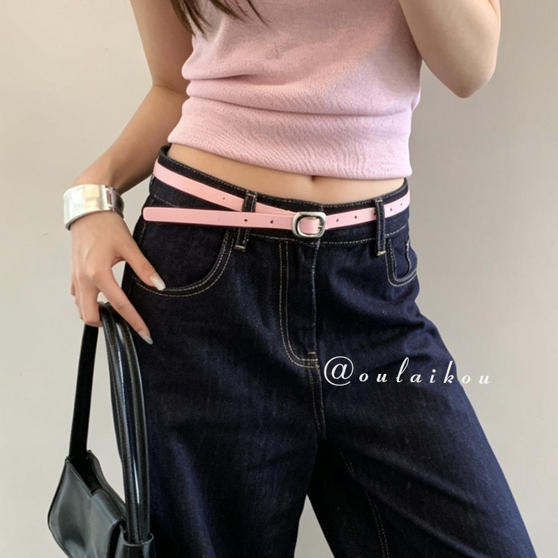 韩系高级感粉色小方扣腰带女小众个性金属扣装饰皮带配牛仔裤带潮