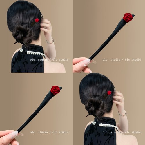 酒红玫瑰~新年盘发木质发簪