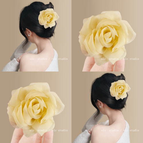 雾里栀子黄~温柔黄玫瑰花朵发夹后脑勺超仙欧根纱鲨鱼夹旅行发卡