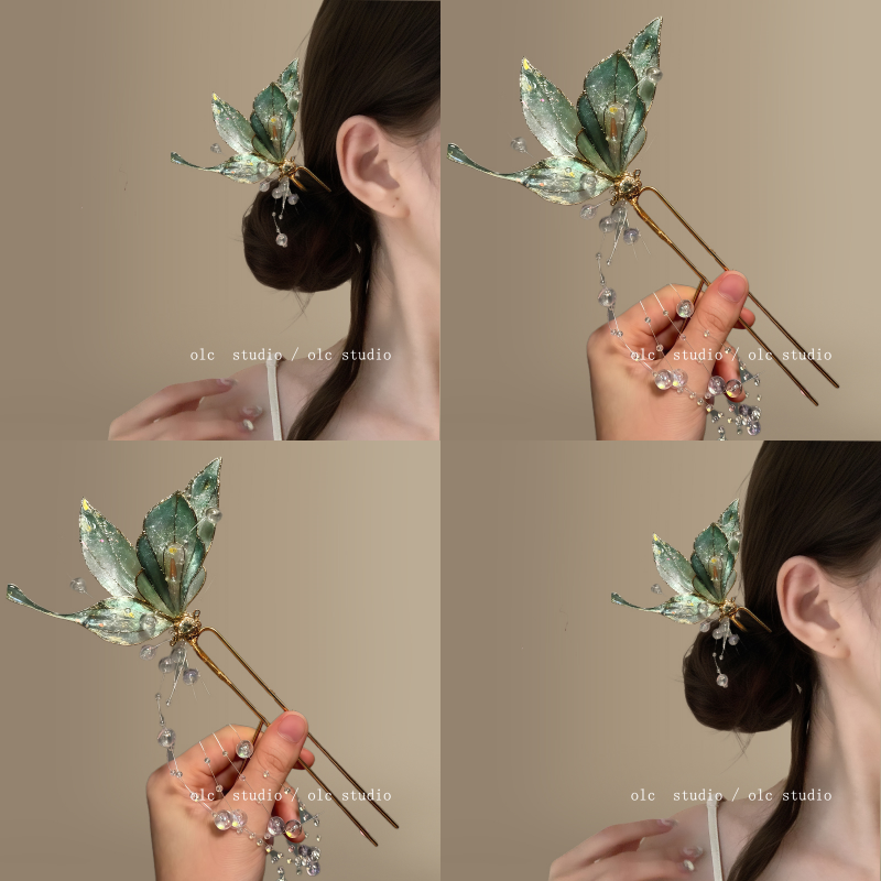 夏有绿满窗~复古港风蝴蝶发簪