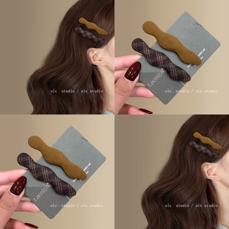 复古丝绒~毛呢格纹波浪发夹女