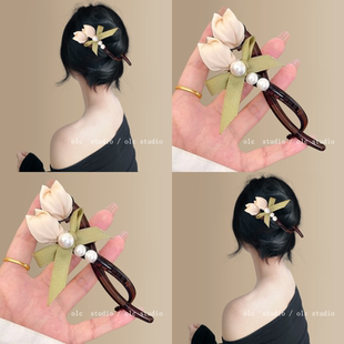 郁见春色~郁金香花朵珍珠发夹女轻奢后脑勺盘发扭扭夹发饰盘发器
