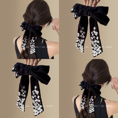初雪那天黑丝绒蝴蝶结飘带发夹