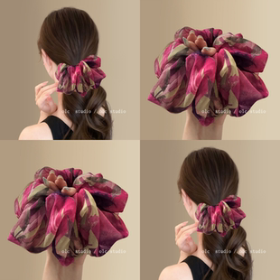 摩纳哥小姐~复古雪纺大肠发圈法式风情玫粉色头圈发绳高级感盘发