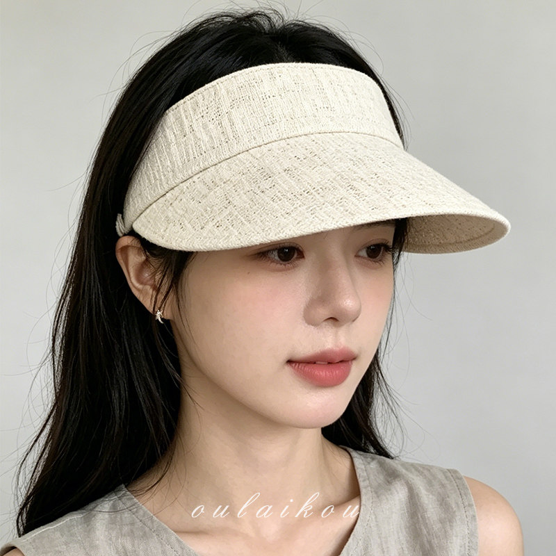 米白亚麻空顶防晒帽宽帽檐女夏跑步运动遮阳帽显脸小百搭太阳帽子