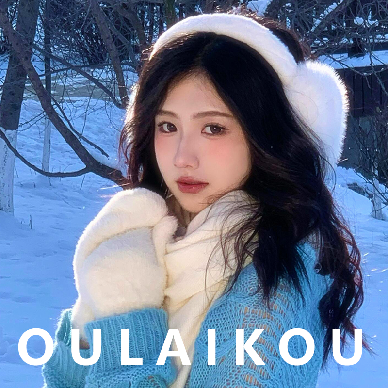 韩系白色兔毛防寒骑行手套女秋冬季可爱毛绒加厚保暖挂脖连指手套