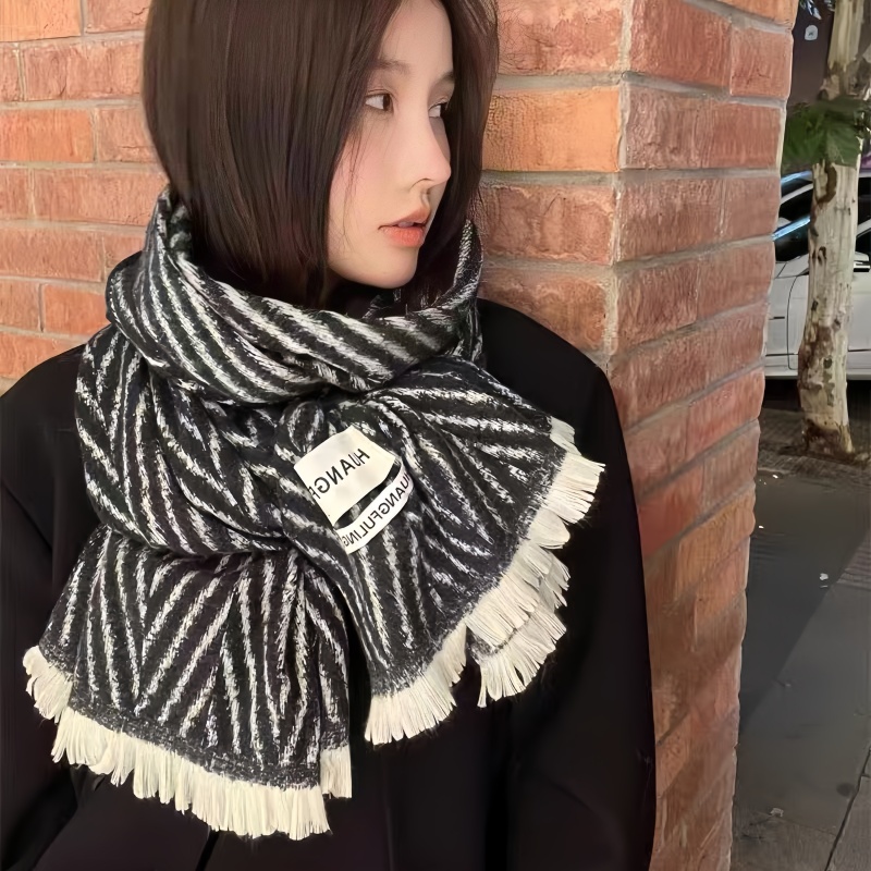 防寒韩系氛围感拼色黑白条纹围脖