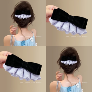 【OlC】秋冬丝绒蝴蝶结发夹女气质低马尾弹簧夹半扎发夹子头发饰